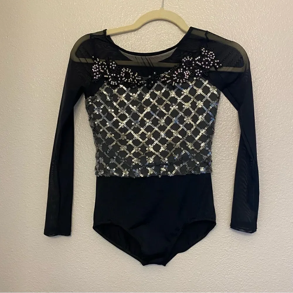 Weissman dance costume fringe 2 piece black Hermann's Boogie 13500 Child MC